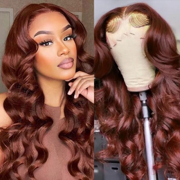 Reddish Brown 13x4 Lace Front Wigs Human Hair High Density Bleached Knots - Picture 4 of 5